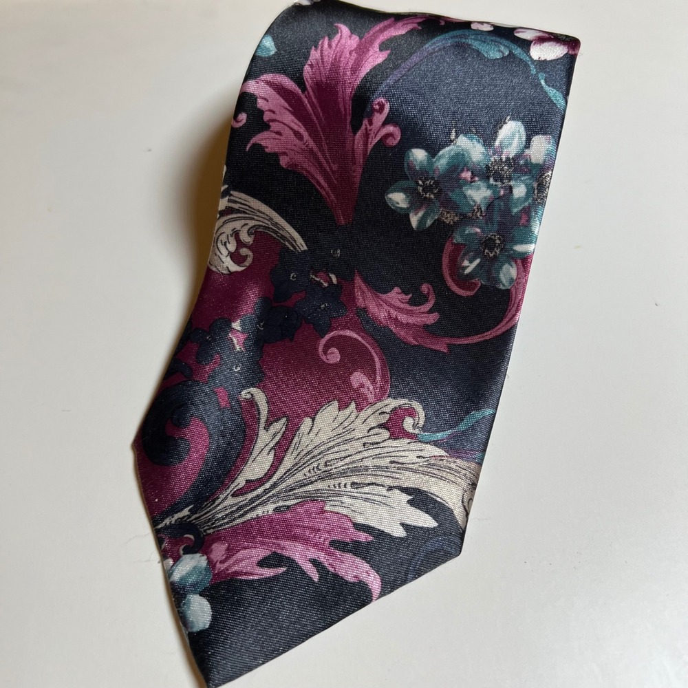 Cabrelli X-Long Collection Mens Floral Baroque‎ Silk Blend Necktie Navy Burgundy